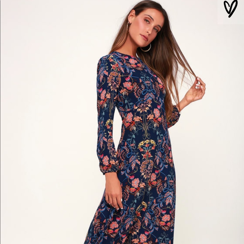 Lulu’s Garden Splendor Navy Blue Floral Dress
